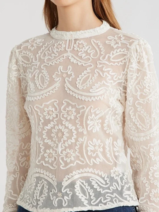 FARM Rio Ivory Sheer Embroidered Mock-Neck Blouse - Picture 4 of 6